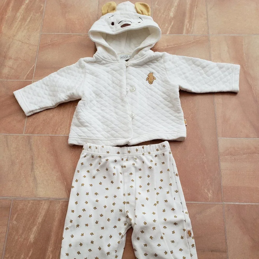 Disney Winnie The Pooh Baby White Quilted Jacket & Pants Matching Outfit Set